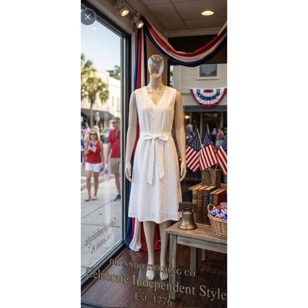 Liz Claiborne White Eyelet Dress L  Sleeveless Midi Cotton Summer Belted